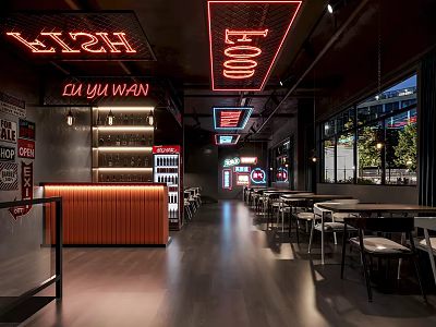 Retro Restaurant Interior Featuring Neon Signs Bar Counter Dining Tables And Dark Flooring 3d model