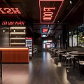 Retro Restaurant Interior Featuring Neon Signs Bar Counter Dining Tables And Dark Flooring