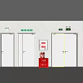 Room Interior With Four Gray Doors Green Exit Signs And Red Fire Cabinet