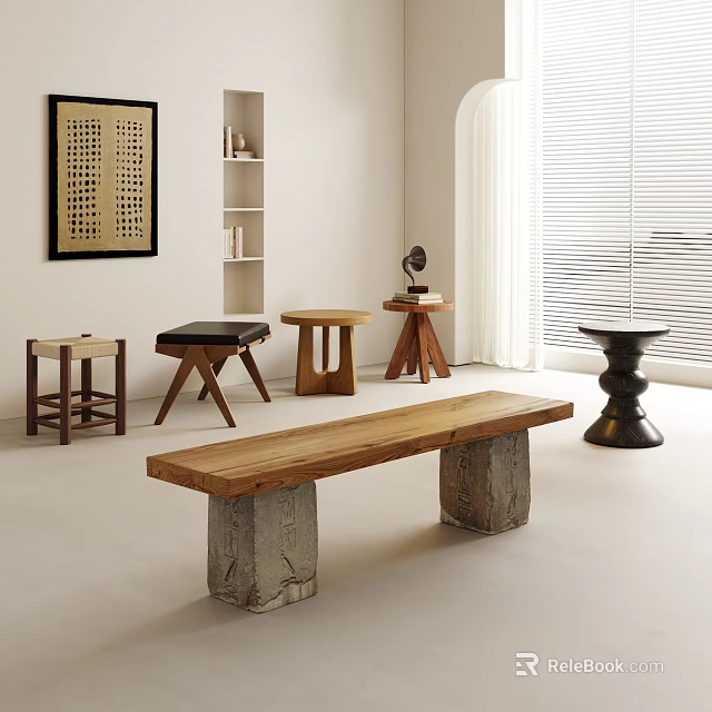 Various Wooden Stools And Concrete Base Bench In Modern Interior 3d model
