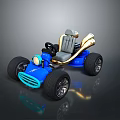 Blue Go Kart With Gold Accents Gray Seats Black Tires And Reflective Finish