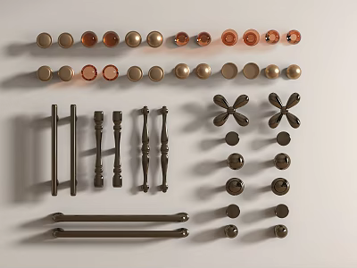 Different Styles of Cabinet Handles Including Bar Round and Floral Designs 3d model