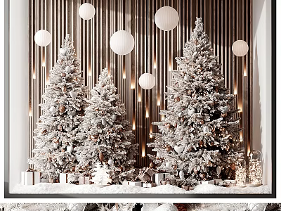 Festive Christmas Decor With Snowy Trees White Balls Lights And Gift Boxes 3d model