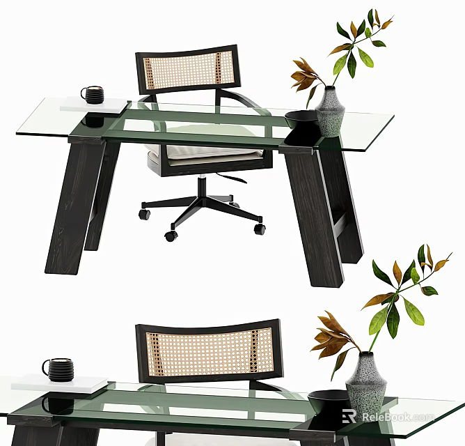 Modern Glass Top Desk With Rattan Backrest Chair Potted Plant And Mug On Wooden Legs 3d model 