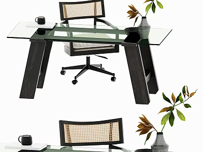 Modern Glass Top Desk With Rattan Backrest Chair Potted Plant And Mug On Wooden Legs 3d model