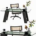 Modern Glass Top Desk With Rattan Backrest Chair Potted Plant And Mug On Wooden Legs