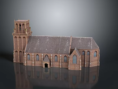 Historic Brick Church Building With Tower Gray Roof And Arched Windows 3d model