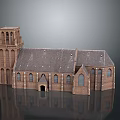 Historic Brick Church Building With Tower Gray Roof And Arched Windows