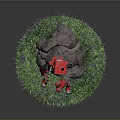 Red Robot Character Sitting On Rock Surrounded By Green Grass 3d model