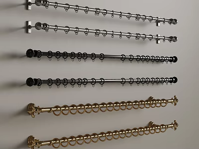 Various Curtain Rods with Rings in Different Colors Wall Mounted 3d model