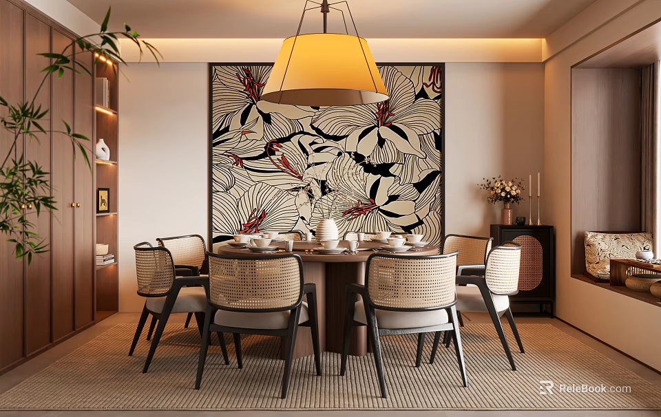 Elegant Private Dining Room Interior With Round Table Rattan Chairs Large Painting And Pendant Light 3d model 