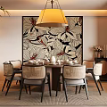 Elegant Private Dining Room Interior With Round Table Rattan Chairs Large Painting And Pendant Light