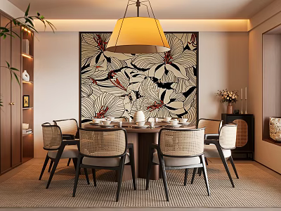 Elegant Private Dining Room Interior With Round Table Rattan Chairs Large Painting And Pendant Light 3d model