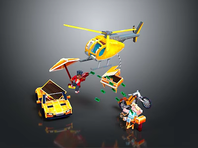 3D Yellow Helicopter Scene With Vehicles And Characters 3d model
