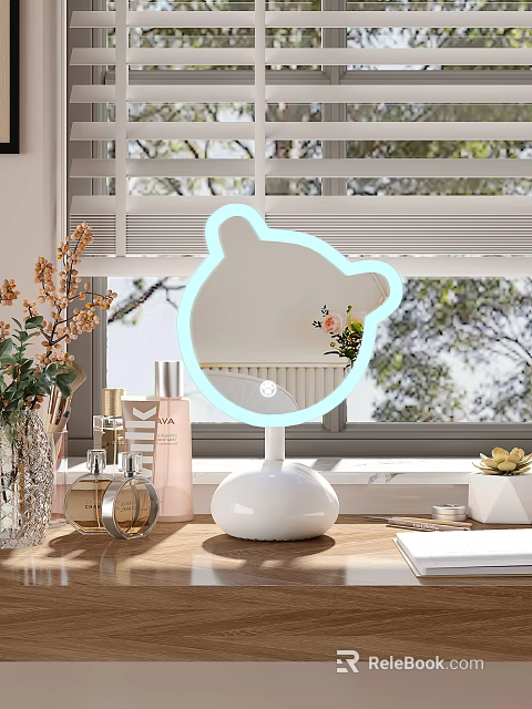 Cute Bear Shaped LED Lighted Mirror with White Base on Vanity Table with Cosmetics 3d model 