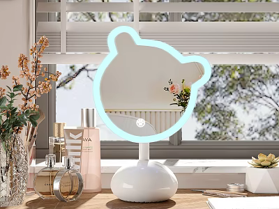 Cute Bear Shaped LED Lighted Mirror with White Base on Vanity Table with Cosmetics 3d model