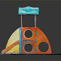 Colorful Children's Playground Slides With Blue Canopies Red Yellow Sections And Multiple Units