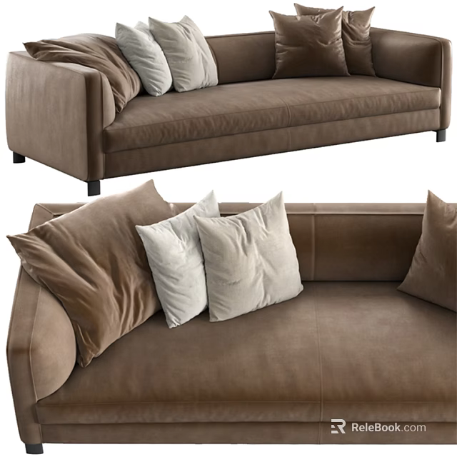 Modern Brown Two Seater Sofa With Velvet Fabric And Light Colored Decorative Pillows 3d model 