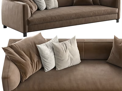 Modern Brown Two Seater Sofa With Velvet Fabric And Light Colored Decorative Pillows 3d model