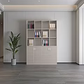 Modern Beige Console Side Cabinet With Storage Shelves Drawers And Green Plant