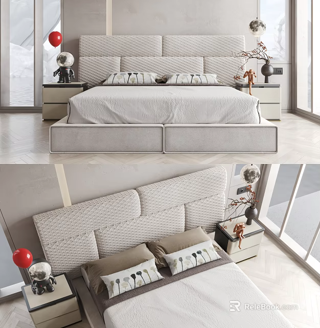 Modern Double Bed with Tufted Headboard Plush Pillows and Decorative Nightstands in Bedroom 3d model 