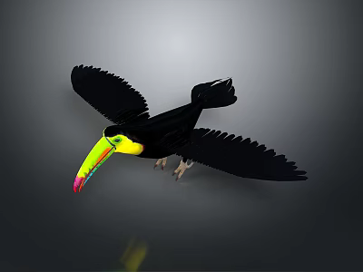 Toucan With Colorful Yellow Green Red Beak And Black Feathers Spreading Wings 3d model