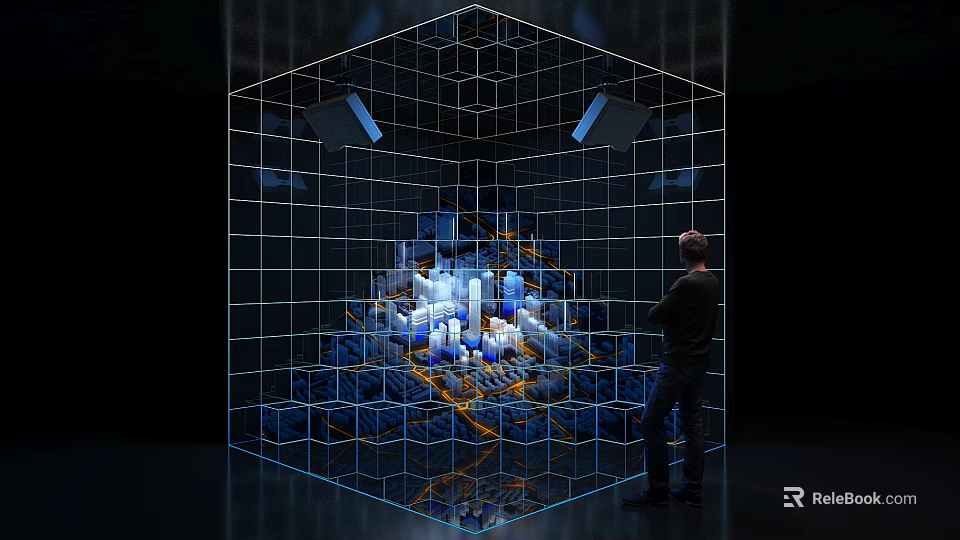 A person observing illuminated city model within transparent cube grid structure with lights 3d model