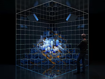 A person observing illuminated city model within transparent cube grid structure with lights 3d model