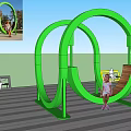 Little Girl Sitting on Green Circular Landscape Seat by Beach with Blue Sky and Sea