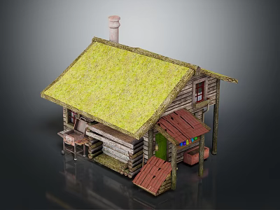 Log Cabin With Grass Roof Chimney Green Door Red Awning And Small Table Chairs 3d model