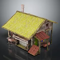 Log Cabin With Grass Roof Chimney Green Door Red Awning And Small Table Chairs