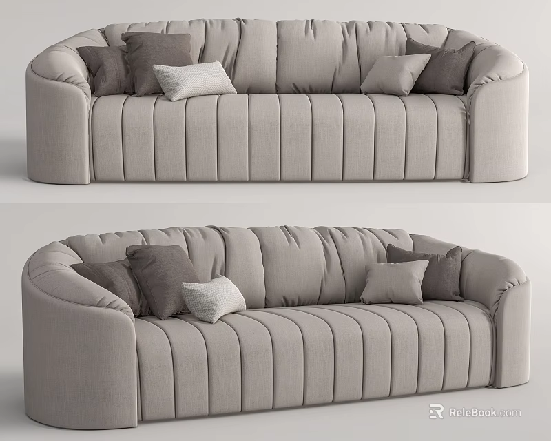Light Gray Sectional Sofa With Curved Design Vertical Tufted And Plush Cushions For Living Room 3d model 