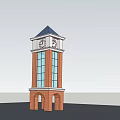 Brick Clock Tower with Blue Roof Glass Windows and Arched Base