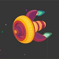 Vibrant Colored Cartoon Rocket Model With Striped Body And Jet Exhausts And Floating Dots