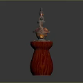 Intricate Copper Metal and Red Wooden Sculpture Carving With Orange Handle