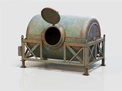 Rustic Copper Green Cylindrical Industrial Equipment With Open Lid And Metal Support Frame 3d model