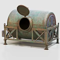Rustic Copper Green Cylindrical Industrial Equipment With Open Lid And Metal Support Frame