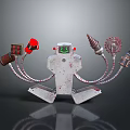 Mechanical Robot With Multiple Arms Red Boxing Glove Drill Bit Light Bulb Control Panel 3d model
