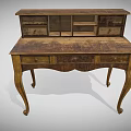 Vintage Wooden Writing Desk With Drawers Open Shelves And Curved Legs