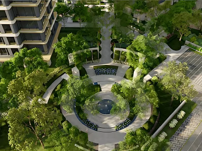 Urban Garden Landscape With Circular Fountain Pathways And Lush Green Trees 3d model
