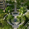 Urban Garden Landscape With Circular Fountain Pathways And Lush Green Trees