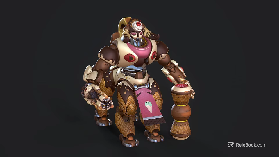 Fantasy Robot Character With Brown Beige Pink Armor Ice Cream Cone Legs And Holding Sign 3d model 