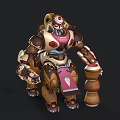 Fantasy Robot Character With Brown Beige Pink Armor Ice Cream Cone Legs And Holding Sign