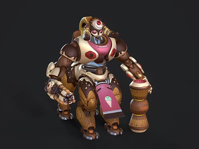 Fantasy Robot Character With Brown Beige Pink Armor Ice Cream Cone Legs And Holding Sign 3d model