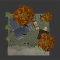 Cartoon Forest Scene Featuring Log Cabin Blue Roof Orange Trees Car Grass And Stones