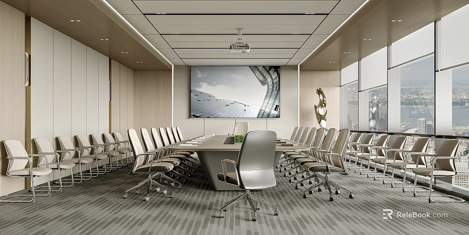 Modern Conference Room Interior Design With Long Table Office Chairs Projection Screen And Large Windows 3d model 