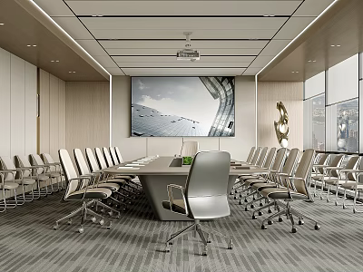 Modern Conference Room Interior Design With Long Table Office Chairs Projection Screen And Large Windows 3d model