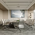 Modern Conference Room Interior Design With Long Table Office Chairs Projection Screen And Large Windows 3d model