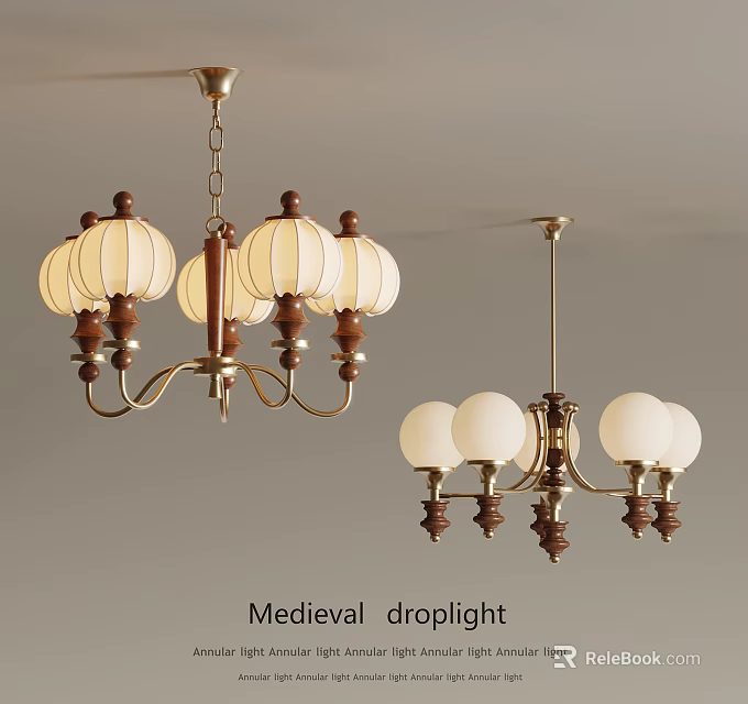 Vintage Medieval Droplight with Wooden Accents Brass Frame and Glass Globe Shades 3d model 