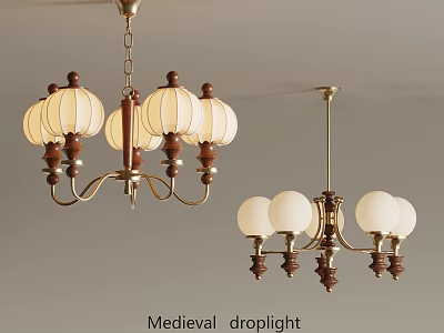 Vintage Medieval Droplight with Wooden Accents Brass Frame and Glass Globe Shades 3d model